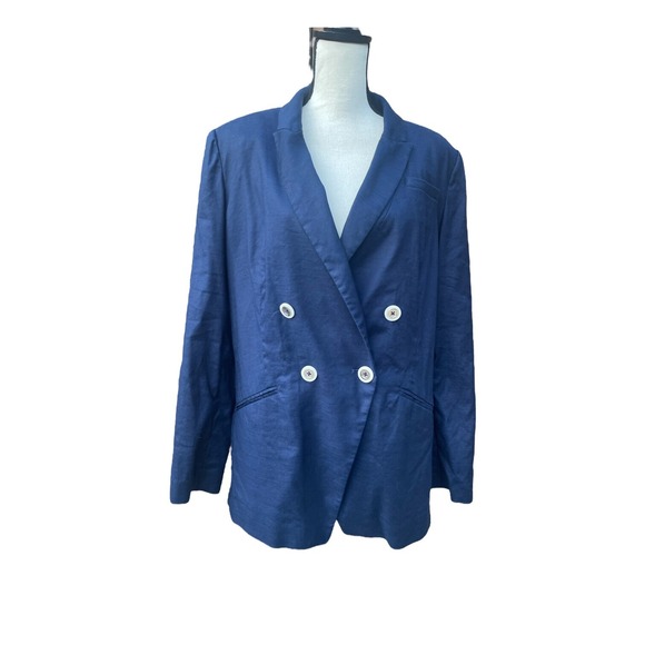 White House‎ Black Market Blazer Size 14 Linen Blend Blue Double Breasted - Picture 1 of 5
